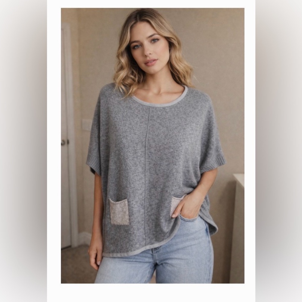 Cashmere blend Gray Knit boho Sweater with tan pockets